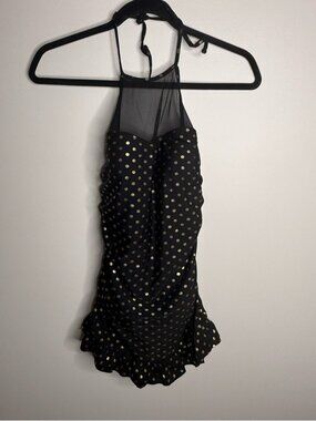 Betsey Johnson Black Halter one piece swimsuit with Gold Polka Dots size small